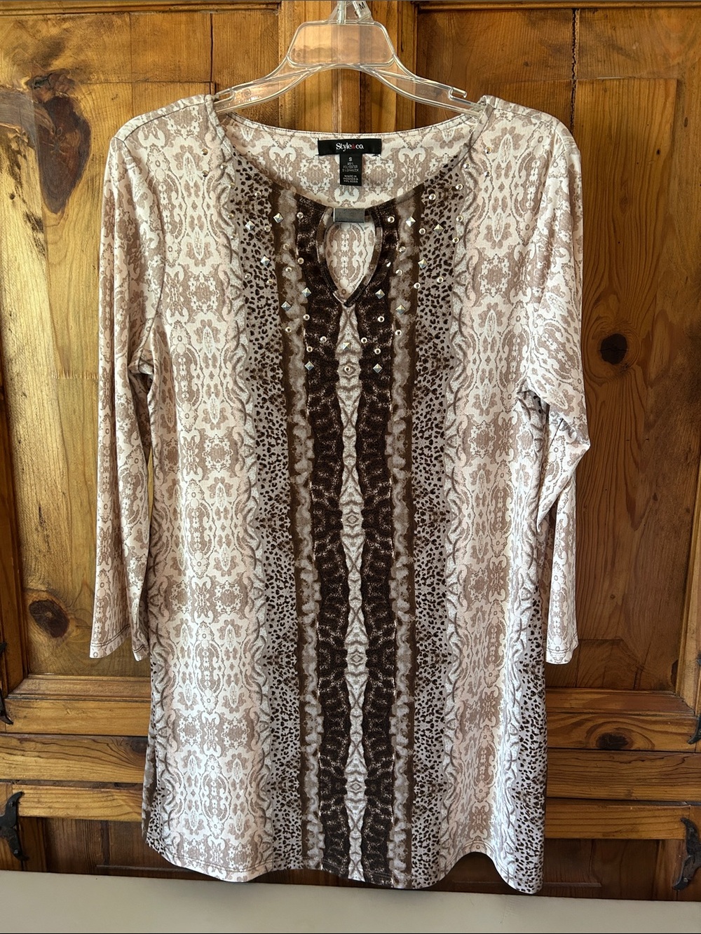 Style & Co. Beige and Brown Printed Long-Sleeve Tunic with Bead Detail